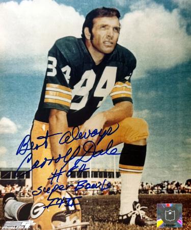 Carroll Dale signed Green Bay Packers NFL 8x10 Photo w/ SB I & II imperfect- COA