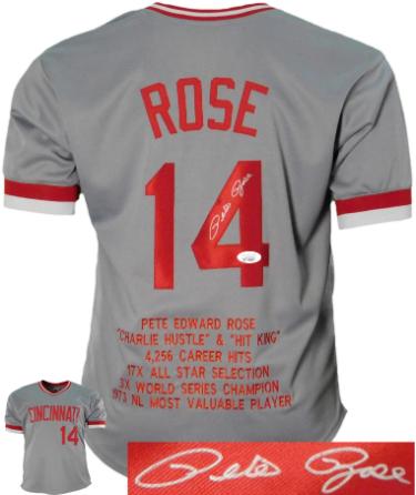 Pete Rose signed Cincinnati Custom Stitched Grey TB Embroidered Stat Jersey XL- JSA Witnessed (HIT KING/4256)