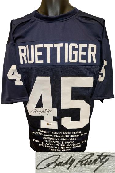 Rudy Ruettiger signed Notre Dame Navy Custom Embroidered Stat College Football Jersey XL- Beckett Witnessed