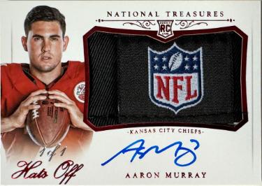 Aaron Murray signed 2014 Panini National Treasures On Card Auto Logo Hats Off Player Worn Material RC Card #HO-AM- 1/1 (Chiefs)