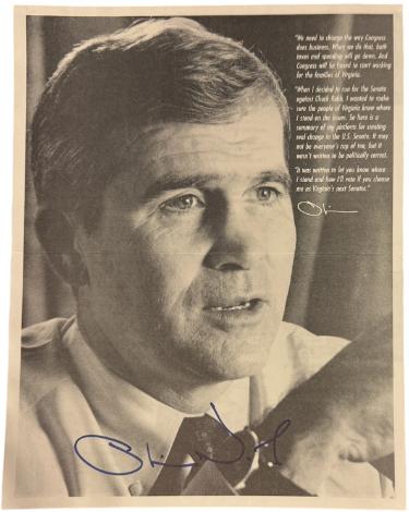 Oliver North USMC LT Colonel signed B&W 8.5x11 An Agenda For Change Senate Flyer- COA (4 Page Fold in Half/Iran�Contra)