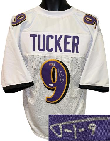 Justin Tucker signed Baltimore White Custom Stitched Pro Style Football Jersey #9 XL- JSA Witnessed