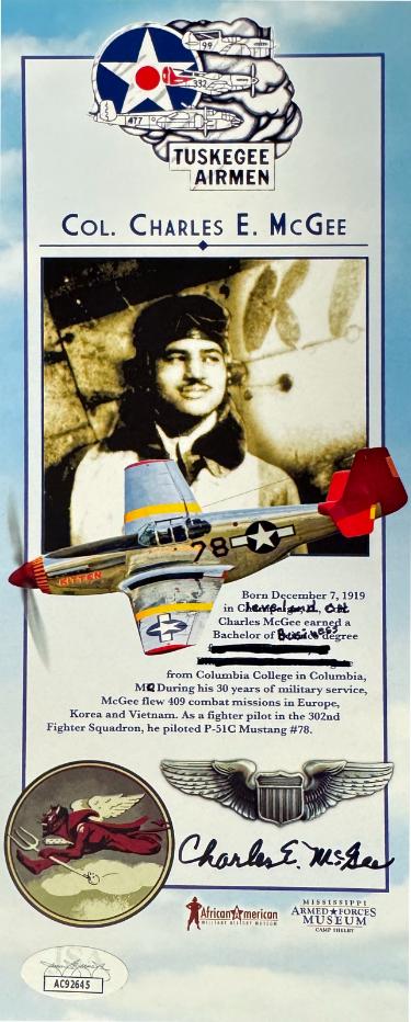 Charles E. McGee signed Museum 4x10 Photo/Card- JSA #AC92645 (WWll/Korean/Vietnam War/Tuskegee Airmen)