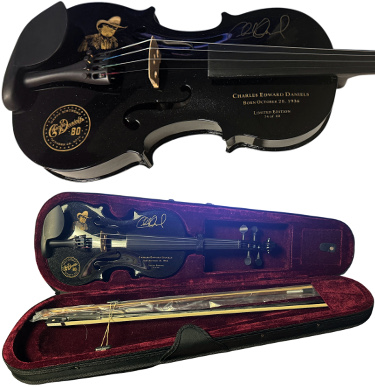Charlie Daniels signed 80th Birthday Black Metallic Fiddle LTD /80- w/Custom Logo/New Case w/Stage Used Fiddle Bow- COA