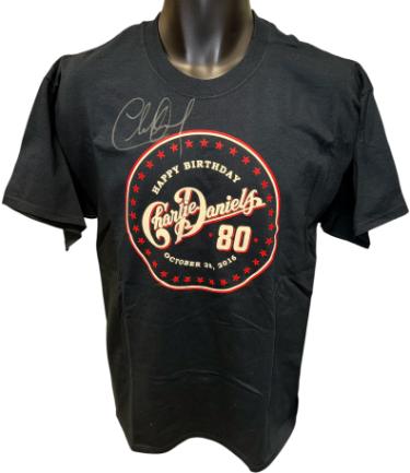Charlie Daniels signed Happy 80th Birthday Black T-Shirt- Size Large- New/Unworn- COA