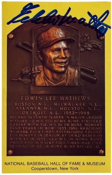 Eddie/Ed Mathews signed MLB 3.5x5.5 Hall of Fame Plaque Card - COA Braves/500 HR