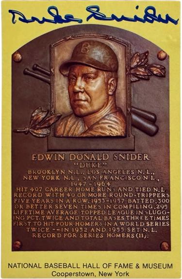 Duke Snider signed HOF Plaque 3.5x5.5 Postcard Imperfect/Ding- COA (Dodgers)