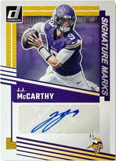 JJ (J.J) McCarthy signed 2025 Donruss Signature Marks Auto Card 9- #SM-JMY (Minnesota Vikings)