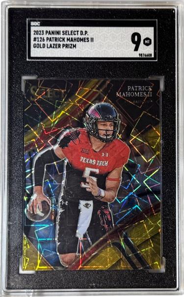 Patrick Mahomes 2023 Panini Select DP Gold Lazer Prizm Card #126- SGC Graded 9 Mint (Texas Tech/Chiefs)