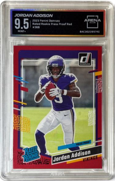 Jordan Addison 2023 Donruss Press Proof Red Rookie Card (RC) #368- Arena Club Graded 9.5 Mint+ (Minnesota Vikings)