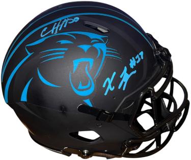 Xavier Legette & Chuba Hubbard signed Carolina Panthers Riddell NFL Authentic Eclipse Speed Full Size Helmet imperfect- Beckett