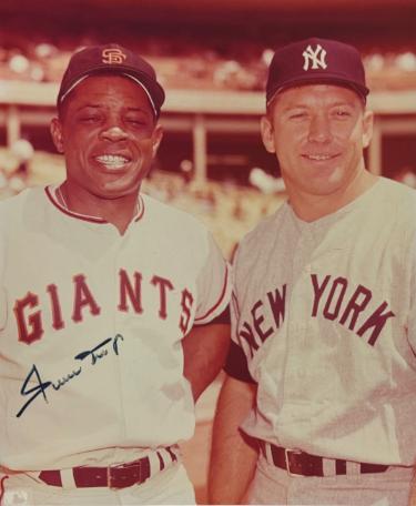 Willie Mays signed San Francisco Giants MLB Licensed 8x10 Photo imperfect- Goldin/Score Board COA (w/ Mickey Mantle)
