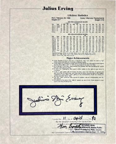 Julius "Dr. J" Erving signed Lifetime Statistics 8x10 Photo- Goldin COA/Notarized