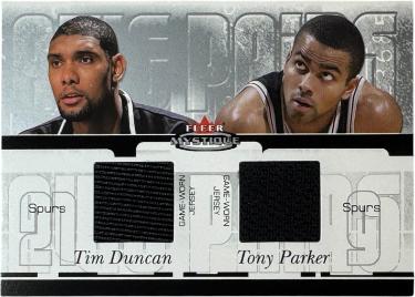 Tim Duncan/Tony Parker 2003-04 Fleer Mystique Game-Worn Jersey Card #AP-TD/TR (San Antonio Spurs/HOF)