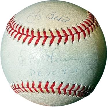 Don Larsen/Yogi Berra signed Rawlings Official ROAL American League Baseball PG 10-8-56 faded- COA (New York Yankees)
