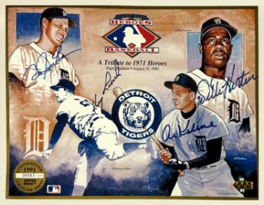 Detroit Tigers Signed 1991 Upper Deck Heroes MLB 1971 Tribute 8.5x11 4 SIGS- COA (Al Kaline/Willie Horton/Lolich/Freeman)