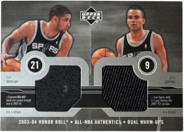 Tim Duncan/Tony Parker 2003-04 Upper Deck All-NBA Authentics Warm Ups Card #TD/TP (San Antonio Spurs/HOF)