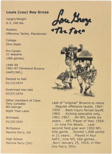 Lou Groza signed 1974 HOF 5X7 Stat Photo Card w/ The Toe- COA (Cleveland Browns)