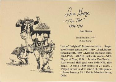 Lou Groza signed 1974 5X7 Bio Photo Card w/ The Toe/HOF 74- COA (Cleveland Browns/Ohio State Buckeyes)