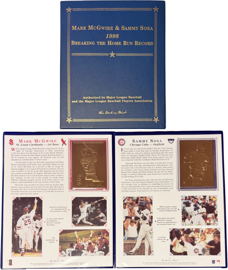Mark McGwire/Sammy Sosa 1998 Breaking The Home Run Record 22KT Gold Cards-Danbury Mint with Album