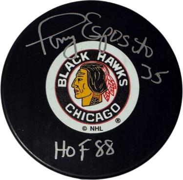 Tony Esposito signed NHL Chicago Blackhawks Logo Puck #35 & HOF 88- PSA #7A41536
