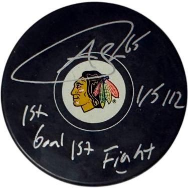 Andrew Shaw signed NHL Chicago Blackhawks Puck 1st Goal & 1st Fight 1/5/12- COA