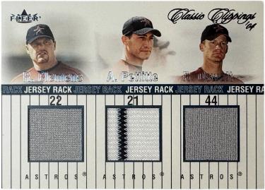 Roger Clemens/Andy Pettitte/Roy Oswalt 2004 Fleer Classic Clippings Triple Game-Worn Jersey Rack Card # JR-C/P/O- /225 (Houston Astros)
