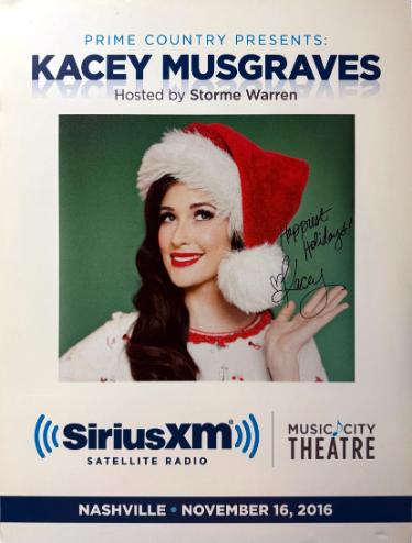 Kacey Musgraves signed 2016 Prime Country Presents 22"x28" Poster SiriusXM Music City Theatre w/ Happiest Holidays! imperfect- COA
