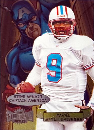 Steve McNair 1997 Skybox Metal Universe Marvel Captain America Card #17 (Houston Oilers)