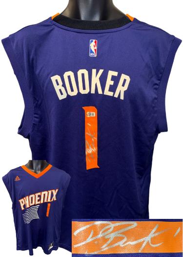 Devin Booker signed Phoenix Suns NBA Licensed Adidas Purple Jersey #1 (Size L)- Beckett Hologram