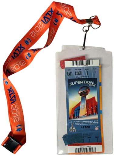 Super Bowl XLVI 2012 Full Ticket with Lanyard- Lucas Oil Stadium Indianapolis- Club/Suite Ticket