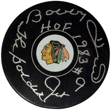Bobby Hull signed NHL Chicago Blackhawks Logo Puck dual HOF/Golden Jet #9 - COA