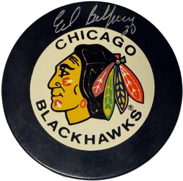 Ed Belfour signed NHL Chicago Blackhawks Logo Official Game Puck #20 - COA (HOF)