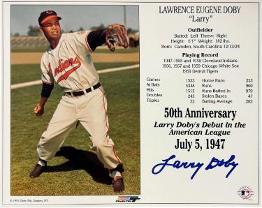 Larry Doby signed Cleveland MLB Licensed 50th Anniversary Debut in the American League July 5, 1947 8x10 Photo/Card- COA