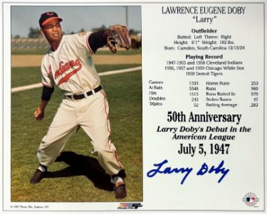 Larry Doby signed Cleveland MLB Licensed 50th Anniversary Debut in the American League July 5, 1947 8x10 Photo/Card- COA