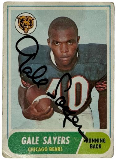 Gale Sayers signed 1968 Topps On Card Auto #75 imperfect- COA (Chicago Bears/HOF)