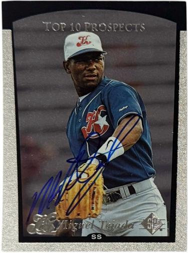 Miguel Tejada signed 1998 SP Top Prospects Checklist Rookie On Card Auto #5- COA