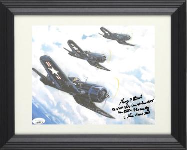 George C. Axtell signed WWII Corsair Vintage Color 8x10 Photo Ace Pilot- 5 in One Day Custom Framing- JSA Hologram #DD64541