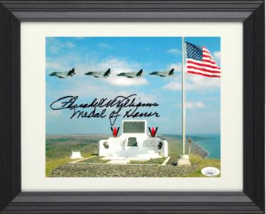 Hershel W. Williams signed WWII Memorial on Mt Suribachi 8x10 Photo Custom Framing- JSA #AC92785- Medal of Honor/Iwo Jima