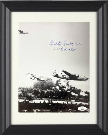 Herbert Guiness signed 1943 WWII 8x10 Photo Custom Framing- JSA #AC92709- Ploesti Raid/B-24 Liberator Pilot/Romania/Aug 1943