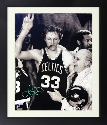 Larry Bird signed Boston Celtics Cigar Celebration B&W NBA Licensed 16X20 Photo Custom Framing- Fanatics Holo (w/NBA Trophy)
