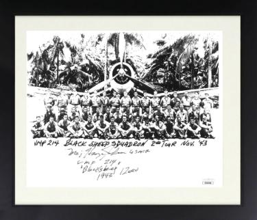 Major Harry Johnson signed 1943 Pappy Boyington's Black Sheep 8x10 Photo Custom Framing VMF 214 1943- JSA