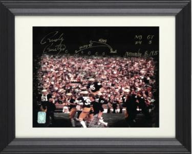 Rudy Ruettiger signed Notre Dame Fighting Irish 8X10 Photo w/ ND 24-GT 3/11/875 & Play Drawing Custom Framing- Rudy 45 Holo