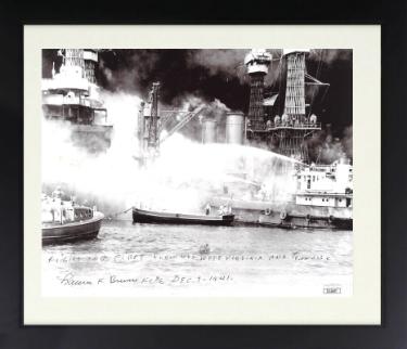 Lauren F. Bruner signed WWII Pearl Harbor Survivor 8x10 Photo Custom Framing- JSA  w/ fighting fires (USS Arizona/Dec 7, 1941)