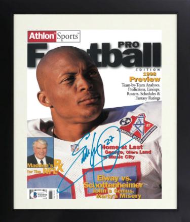 Eddie George signed Tennessee Oilers 8x10.5 Athlon Sports 1998 Pro Football Cover #27 Custom Framing- Beckett Witnessed (Titans)