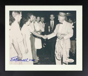 Sgt. Edgar Harrell signed WWII 8x10 Photo Custom Framing USMC- JSA #SS17686- USS Indianapolis Survivor w/ Captain McVay