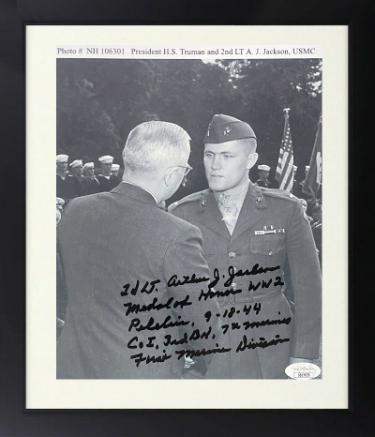 2nd LT. Arthur J. Jackson signed WWII 8x10 Photo Custom Framing- JSA -Peleliu/Marines/9-18-44/Medal of Honor w/ Truman