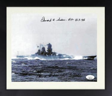 Edward Sieber signed WWII 8x10 Photo Custom Framing- JSA #SS17720- Hit 4-7-45- Helldiver Japanese Yamato/signed twice