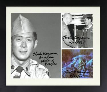 Hiroshi "Hershey" Miyamura signed Korean War Vintage B&W 8x10 Photo Custom Framing (3 sigs)- JSA #SS17649- Medal of Honor/POW