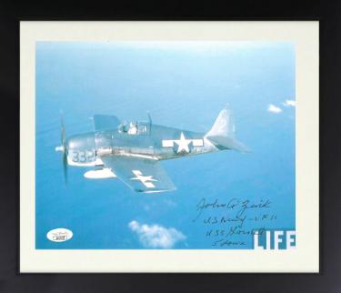 John A. Zink signed WWII 8x10 Photo Custom Framing- JSA #SS17657- US Navy Ace Fighter Pilot/VF11 USS Hornet 5 Down